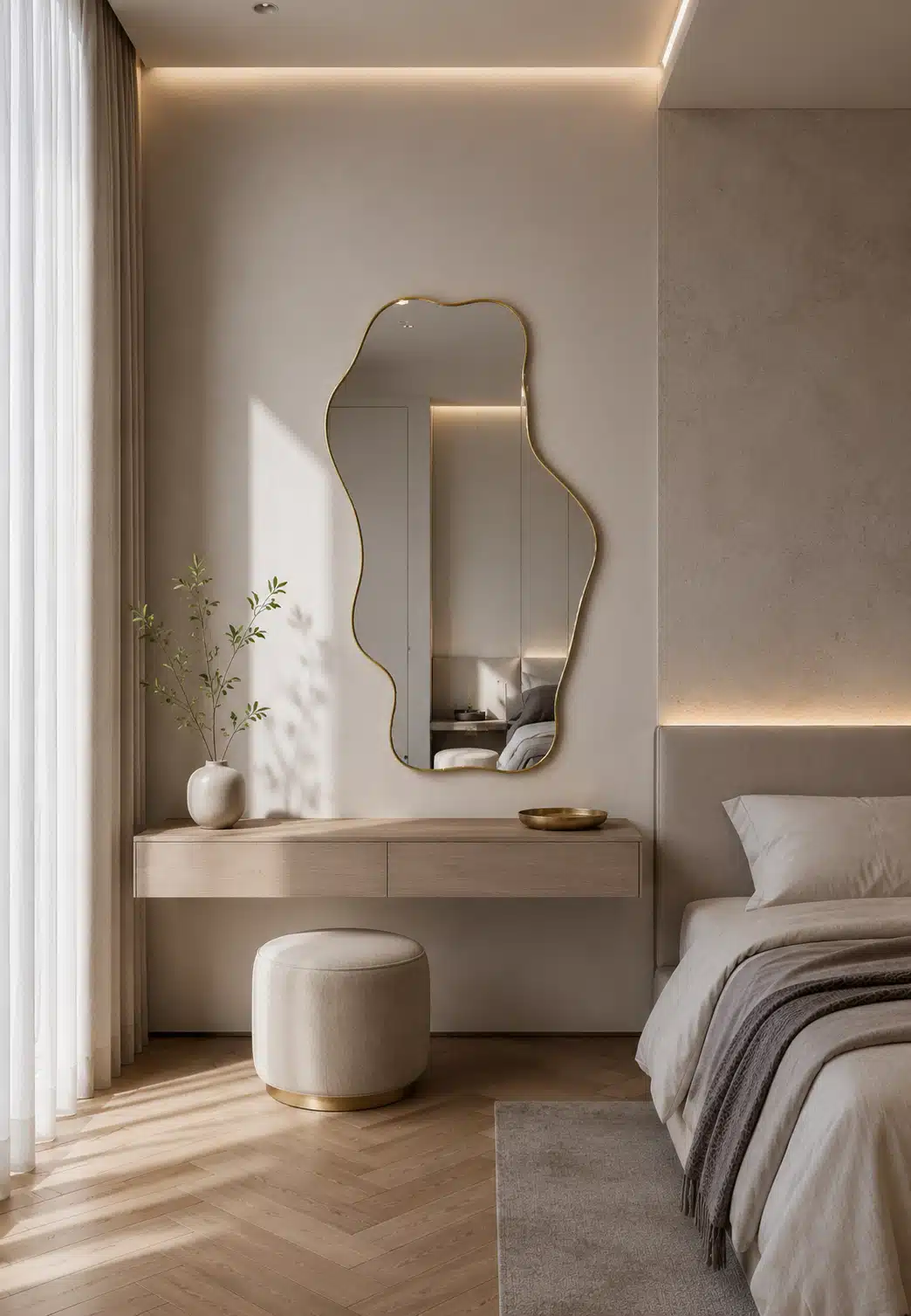 Настенное зеркало Smoothed в латунной раме в спальне